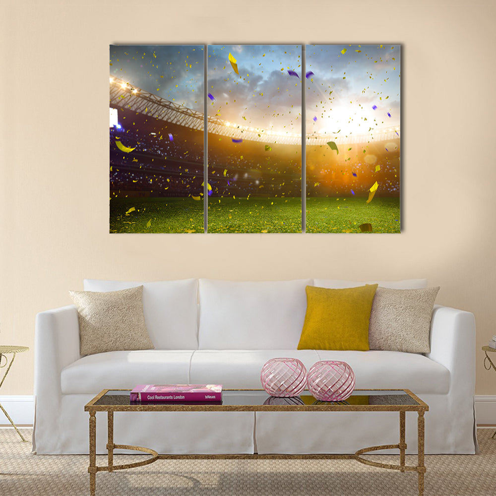 Evening stadium arena soccer field championship win. Confetti and tinsel . Yellow toning Multi Panel Canvas Art