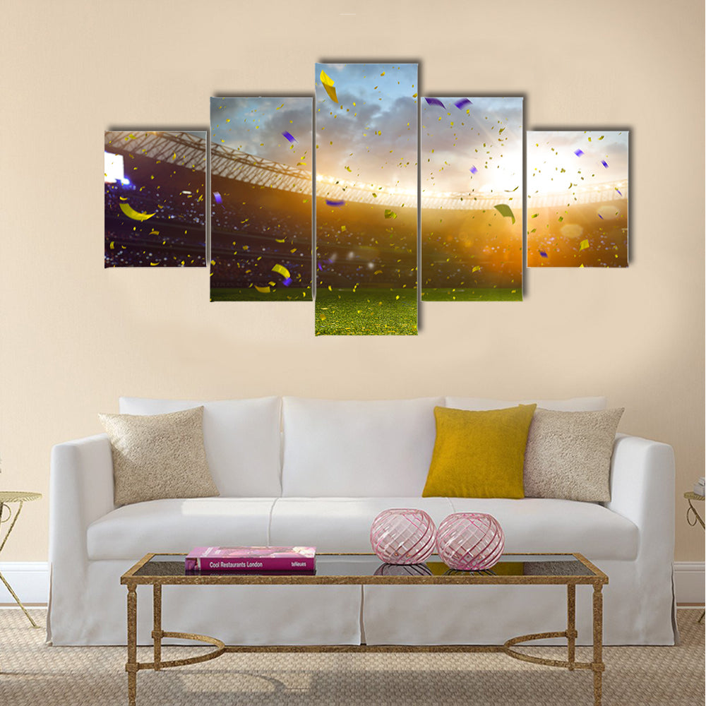Evening stadium arena soccer field championship win. Confetti and tinsel . Yellow toning Multi Panel Canvas Art