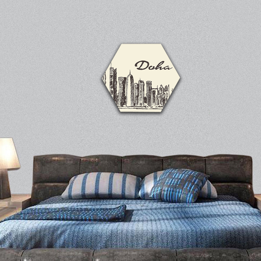 Doha skyline vector engraved illustration hand drawn hexagonal canvas wall art