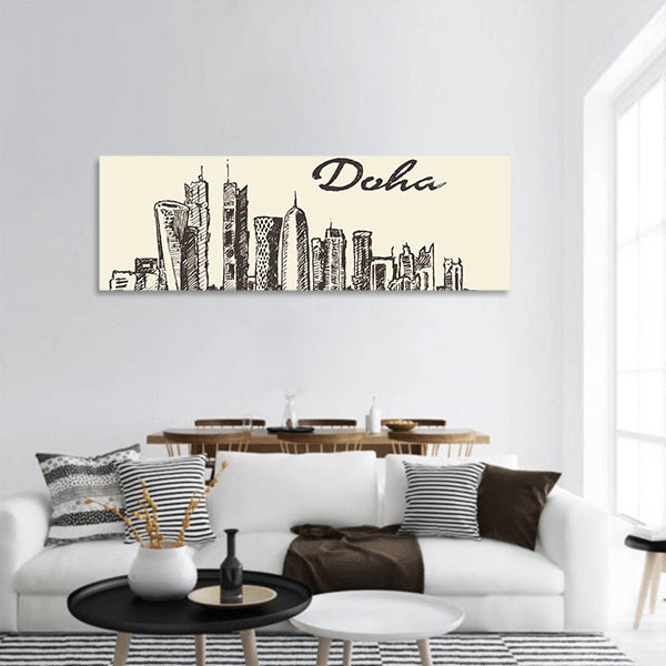 Doha skyline hand drawn panoramic canvas wall art.