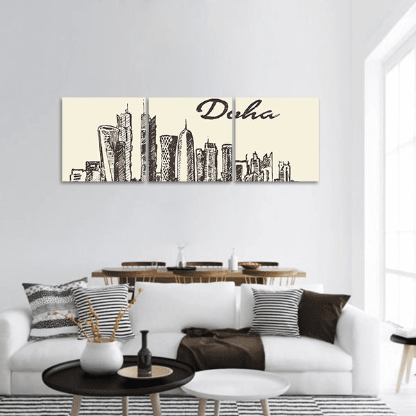 Doha skyline hand drawn panoramic canvas wall art.