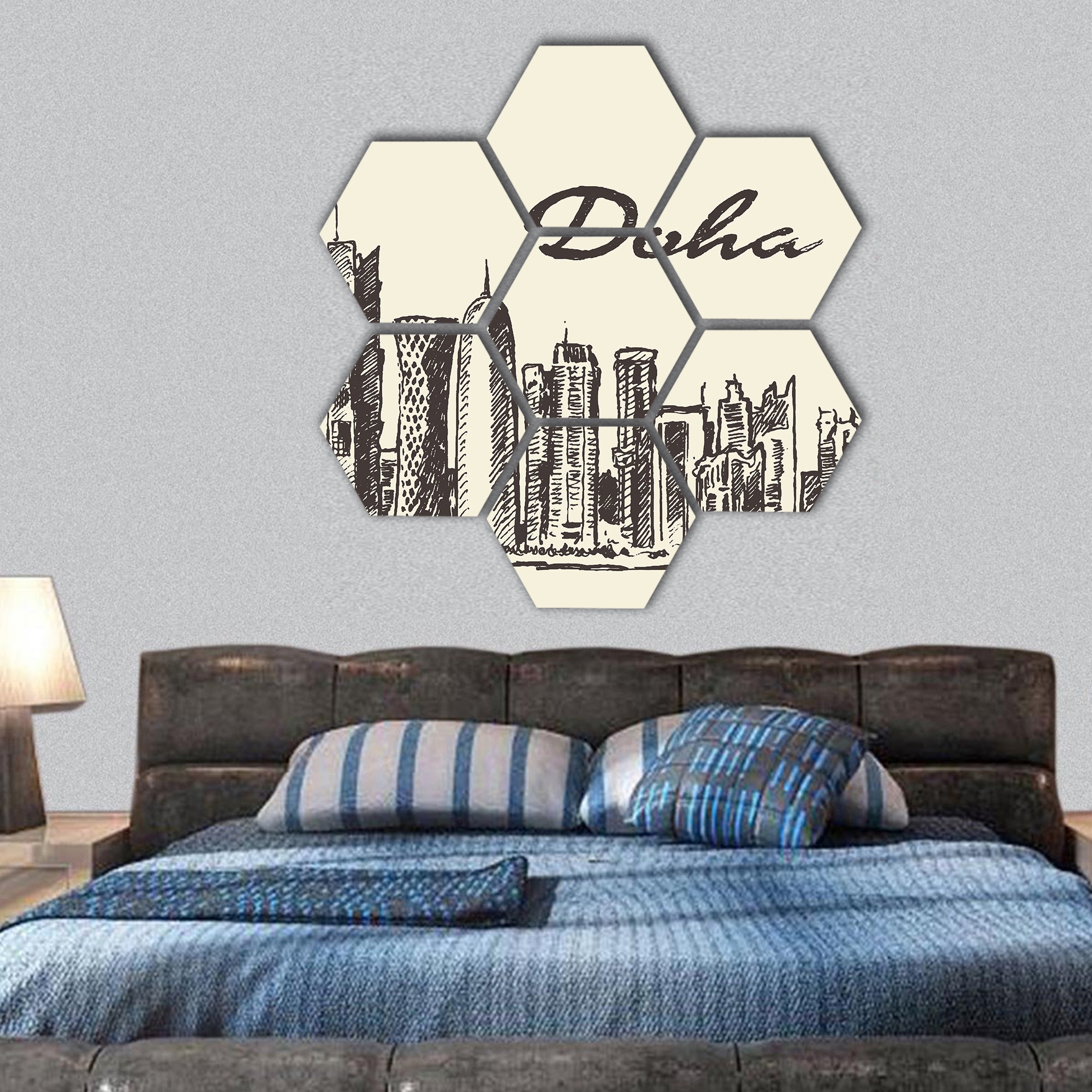 Doha skyline vector engraved illustration hand drawn hexagonal canvas wall art