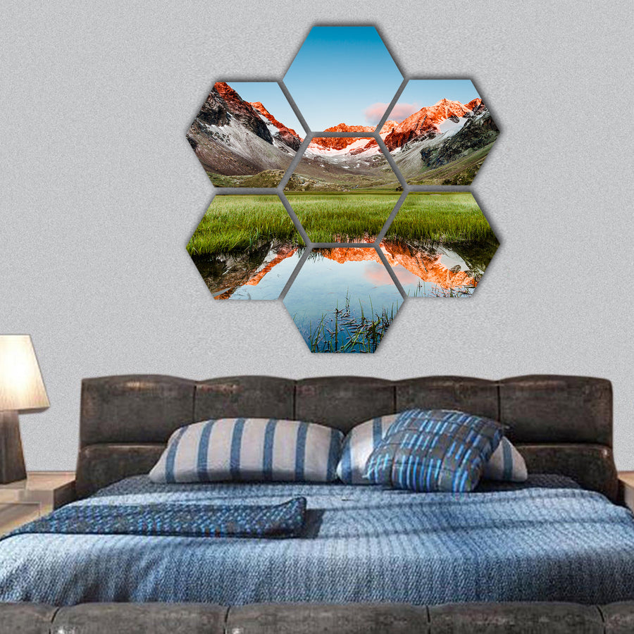 Peaks mirroring in a lake below, Stubai Alps, Austria hexagonal canvas wall art