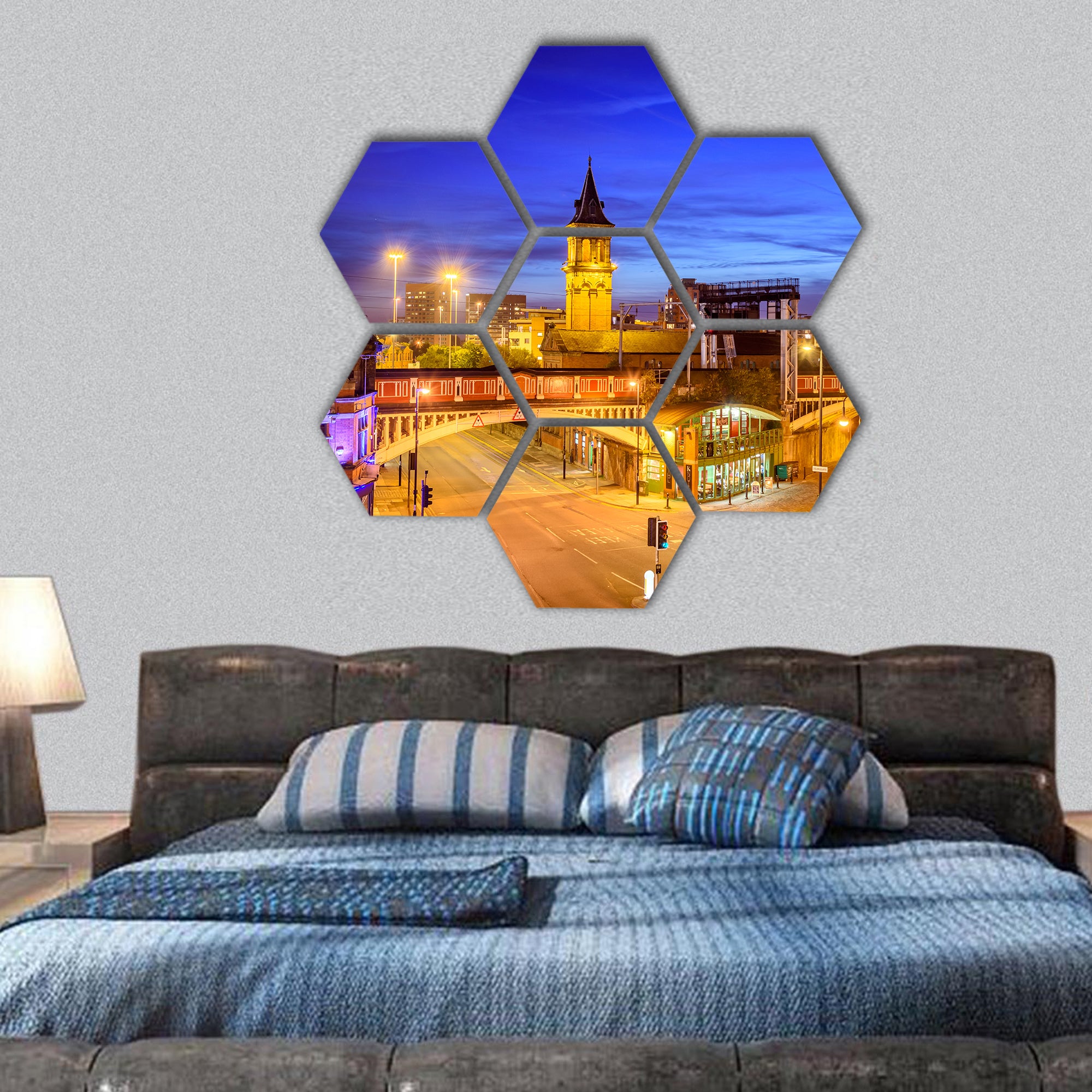 Manchester city is with some beautiful architecture hexagonal canvas wall art