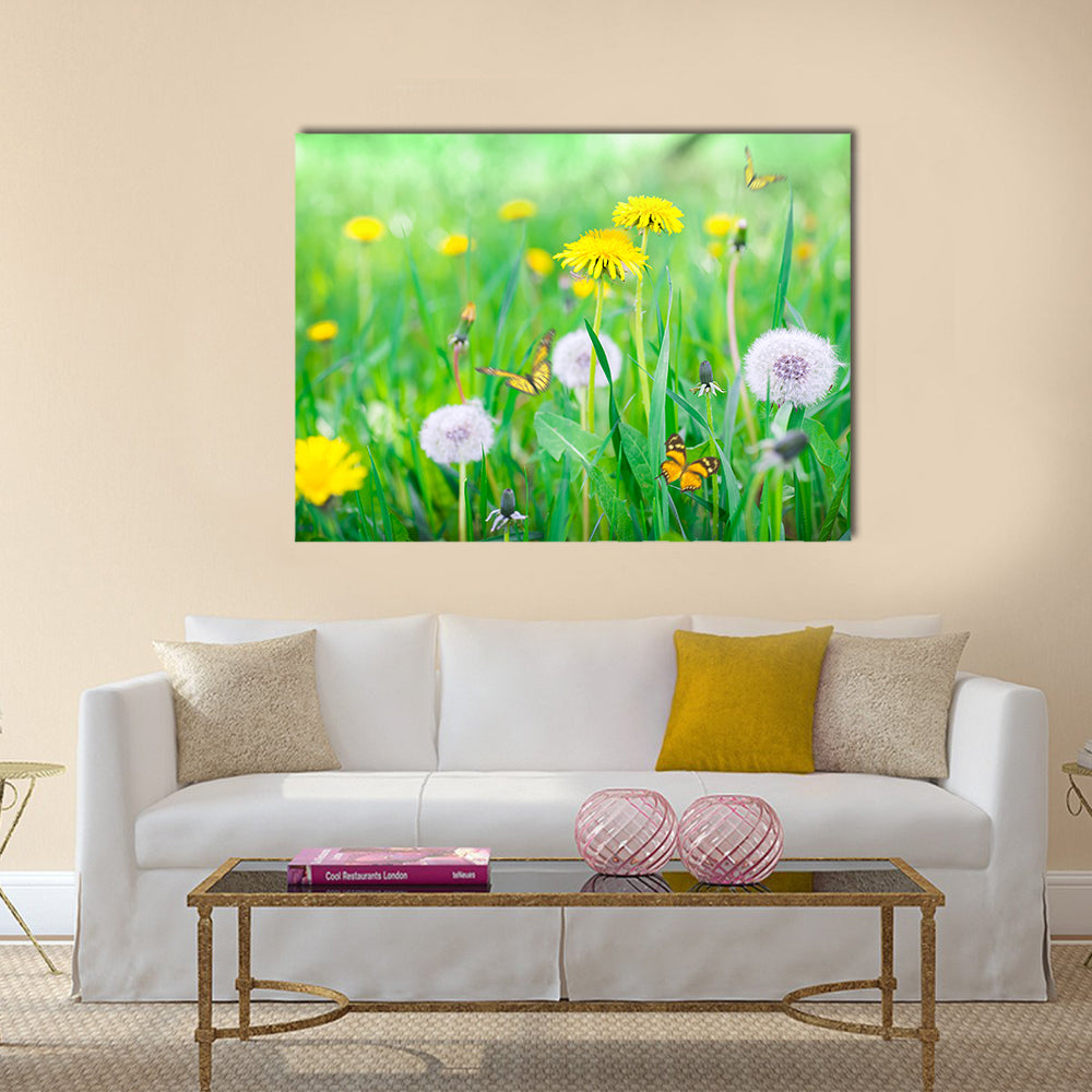 Air dandelions on a green field. Spring background Multi Panel Canvas Wall Art