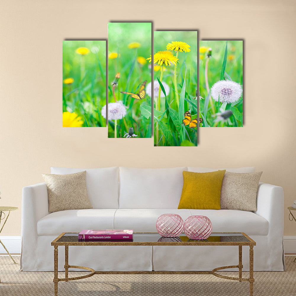 Air dandelions on a green field. Spring background Multi Panel Canvas Wall Art