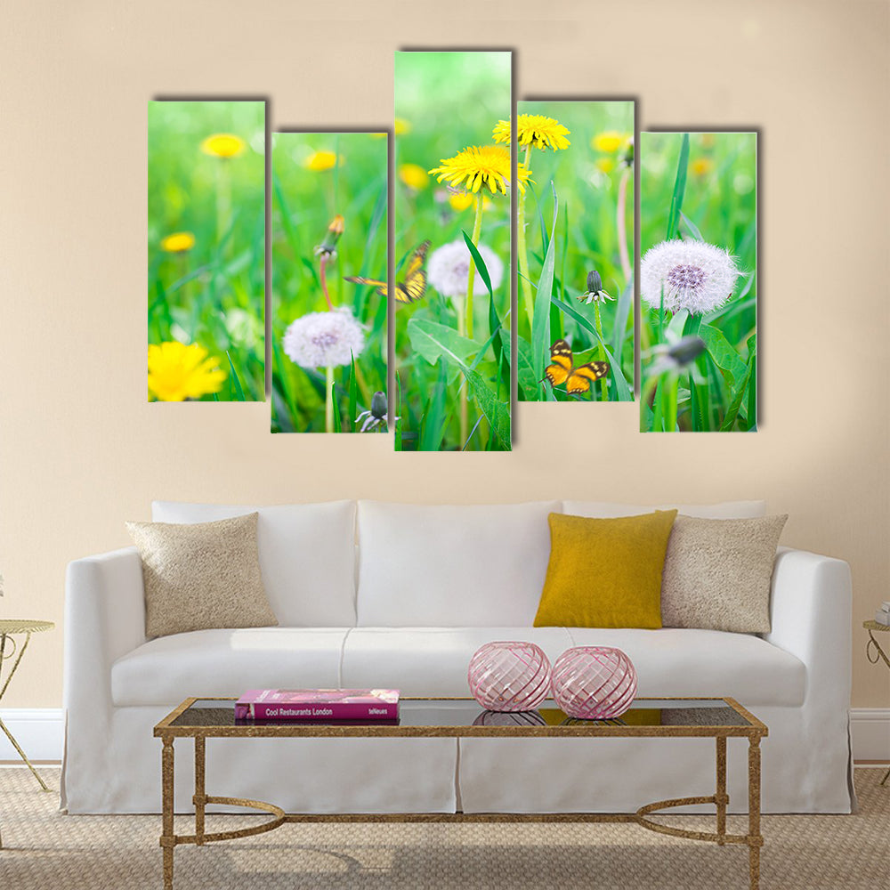 Air dandelions on a green field. Spring background Multi Panel Canvas Wall Art
