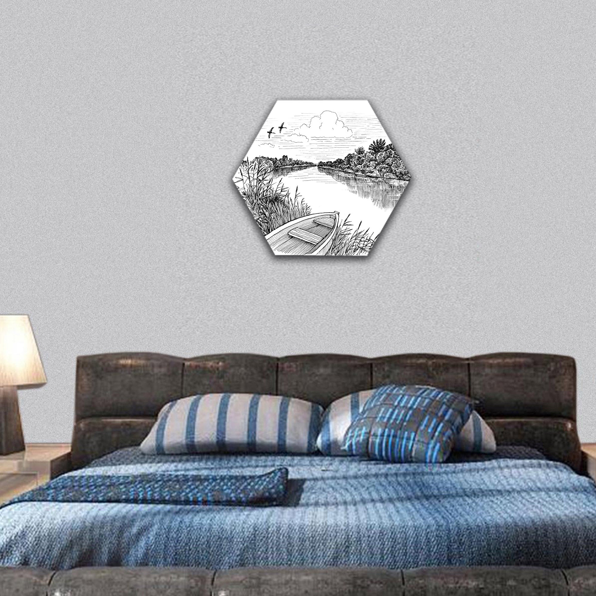 Summer riverbank landscape, ink drawing hexagonal canvas wall art