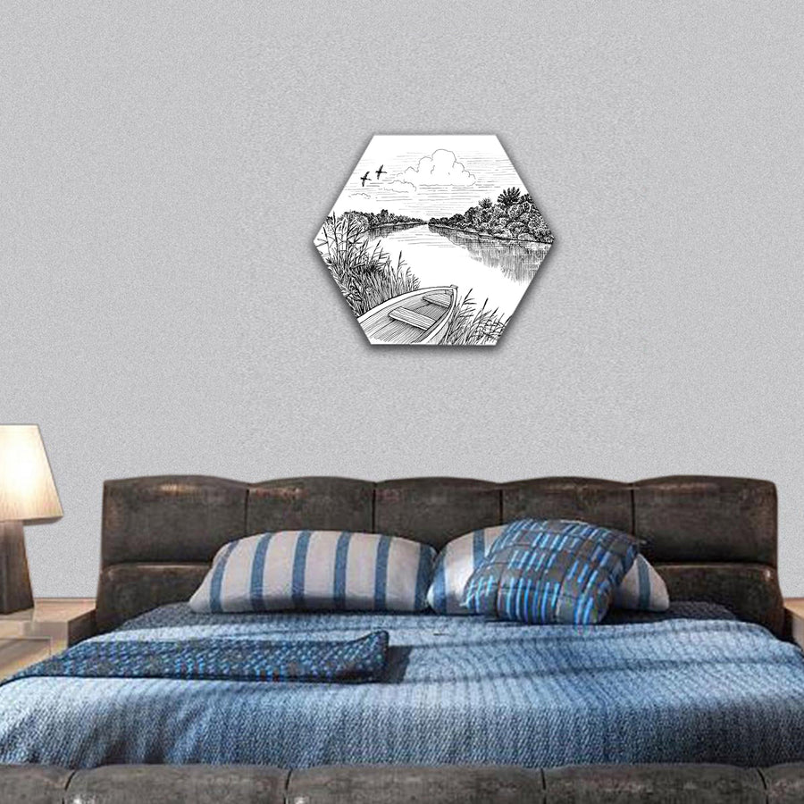 Summer riverbank landscape, ink drawing hexagonal canvas wall art