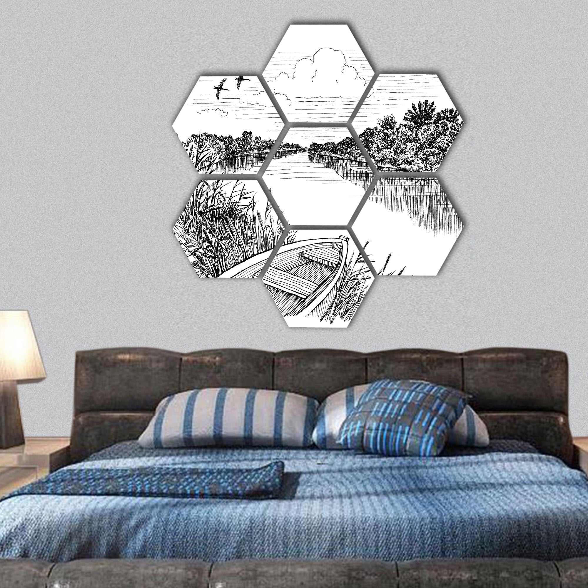 Summer riverbank landscape, ink drawing hexagonal canvas wall art