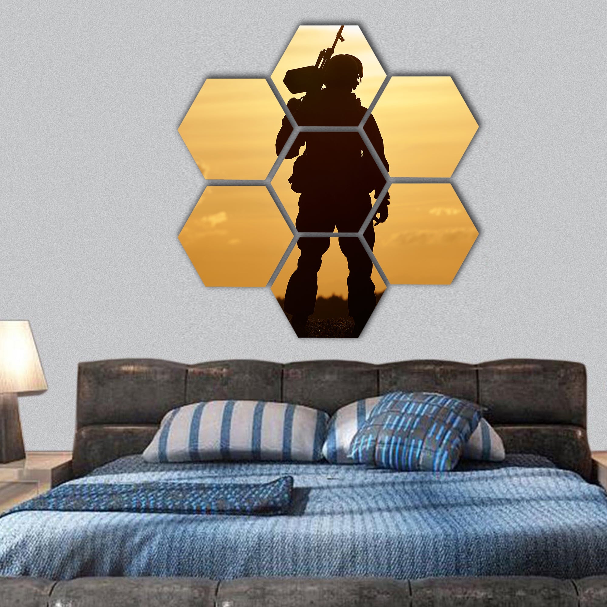 Soldier silhouette in uniform with machine gun hexagonal canvas wall art