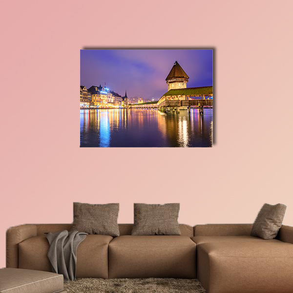 Lucerne, Switzerland, night view over the Reuss River multi panel canvas wall art