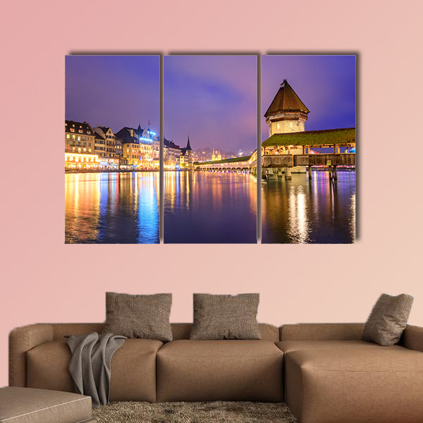 Lucerne, Switzerland, night view over the Reuss River multi panel canvas wall art