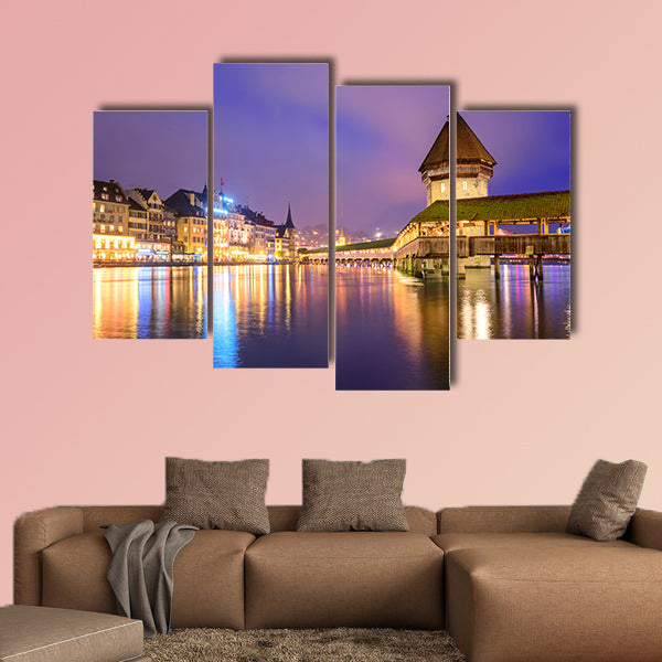 Lucerne, Switzerland, night view over the Reuss River multi panel canvas wall art