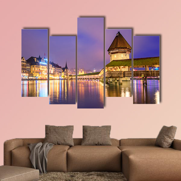 Lucerne, Switzerland, night view over the Reuss River multi panel canvas wall art