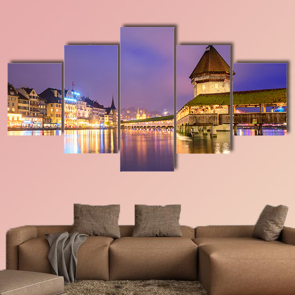 Lucerne, Switzerland, night view over the Reuss River multi panel canvas wall art