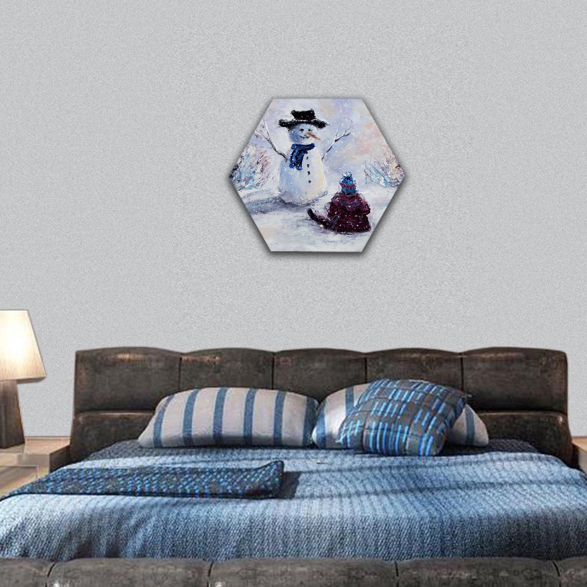 oil painting of snowman and child hexagonal canvas wall art