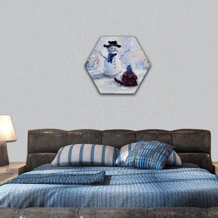 oil painting of snowman and child hexagonal canvas wall art