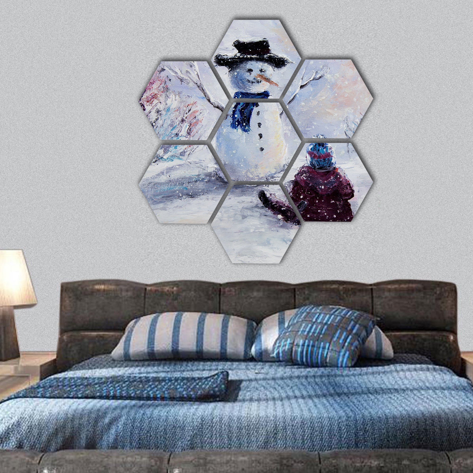 oil painting of snowman and child hexagonal canvas wall art