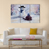 Original abstract oil painting of beautiful snowman and child on canvas Multi Panel Canvas Wall Art