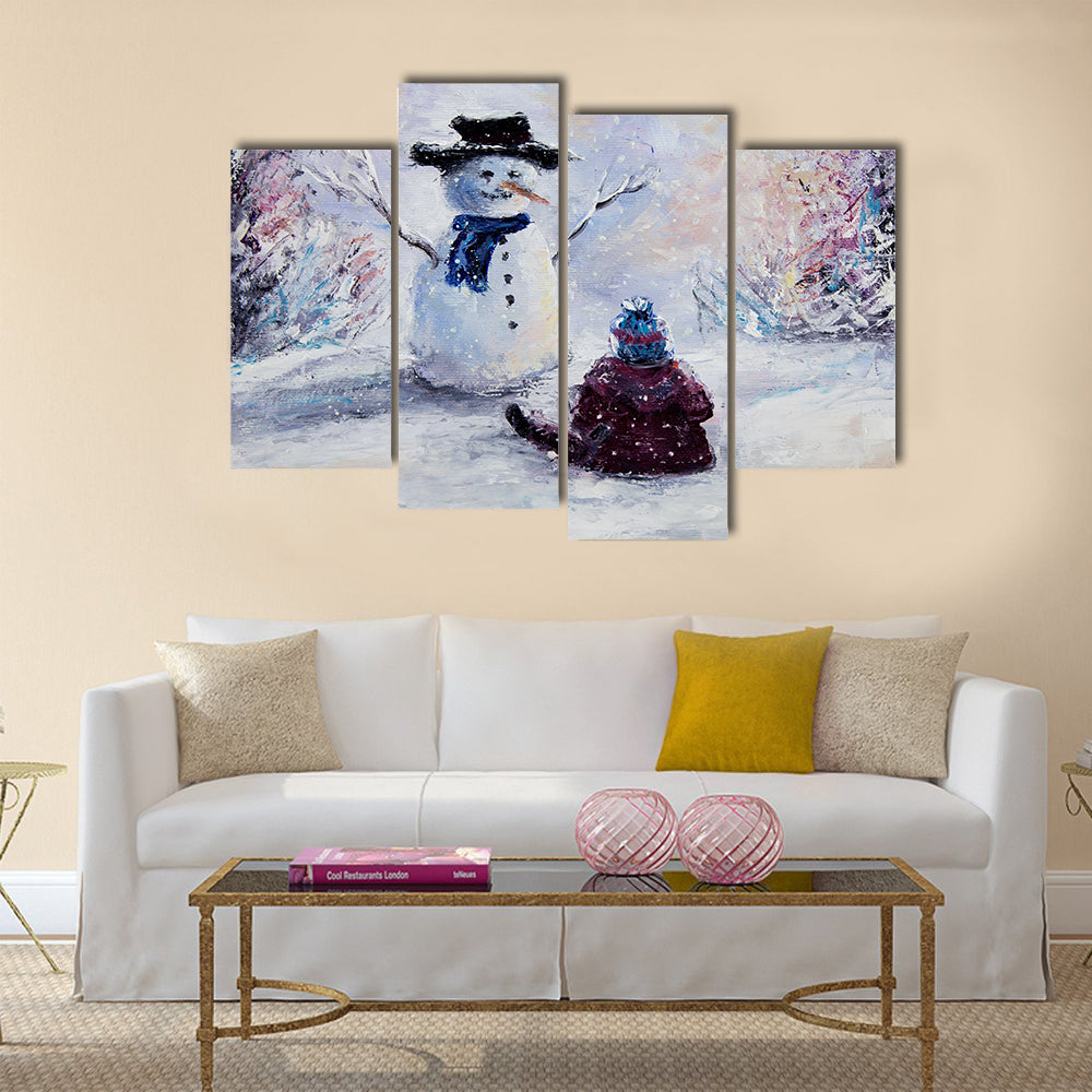 Original abstract oil painting of beautiful snowman and child on canvas Multi Panel Canvas Wall Art