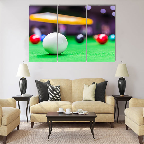 Snooker balls on a green snooker table board Multi panel canvas wall art