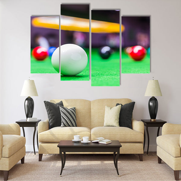 Snooker balls on a green snooker table board Multi panel canvas wall art