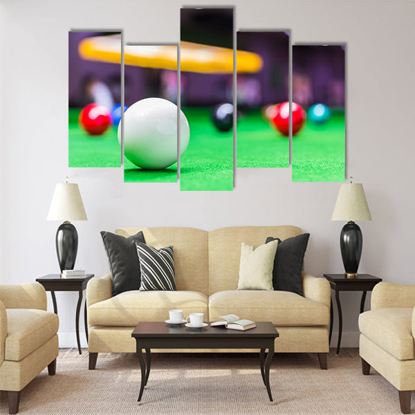 Snooker balls on a green snooker table board Multi panel canvas wall art