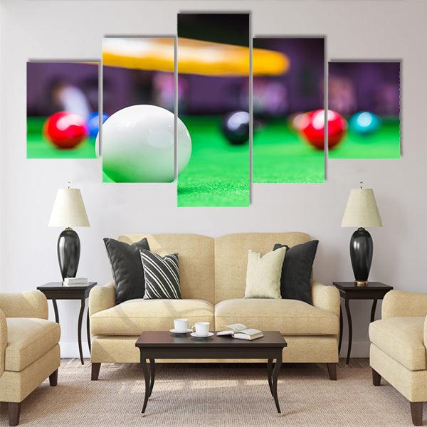 Snooker balls on a green snooker table board Multi panel canvas wall art