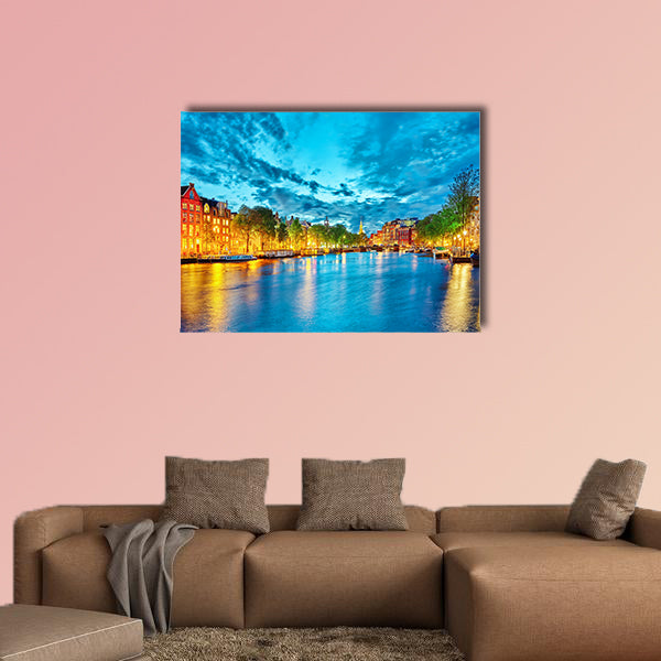 Famous Amstel River and night view of beautiful Amsterdam city multi panel canvas wall art