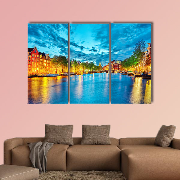 Famous Amstel River and night view of beautiful Amsterdam city multi panel canvas wall art