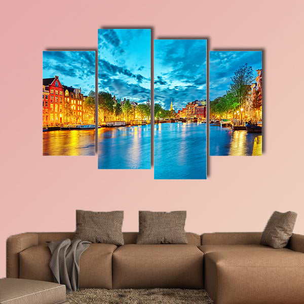 Famous Amstel River and night view of beautiful Amsterdam city multi panel canvas wall art