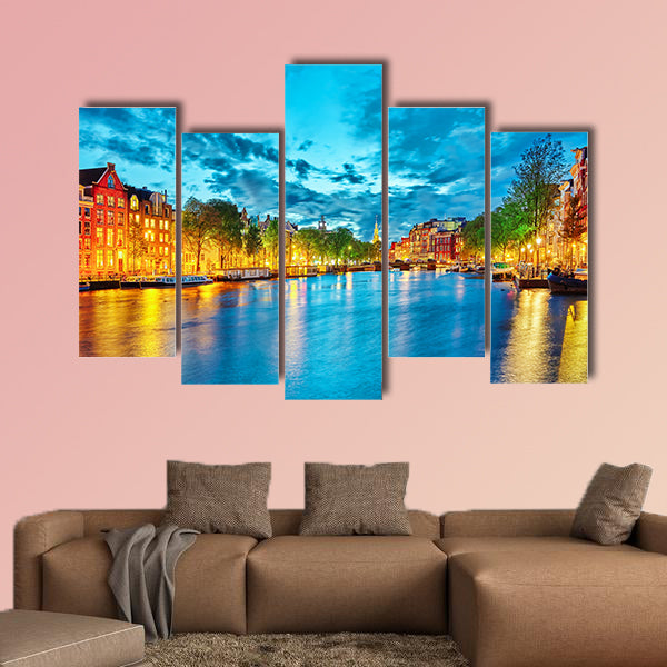 Famous Amstel River and night view of beautiful Amsterdam city multi panel canvas wall art