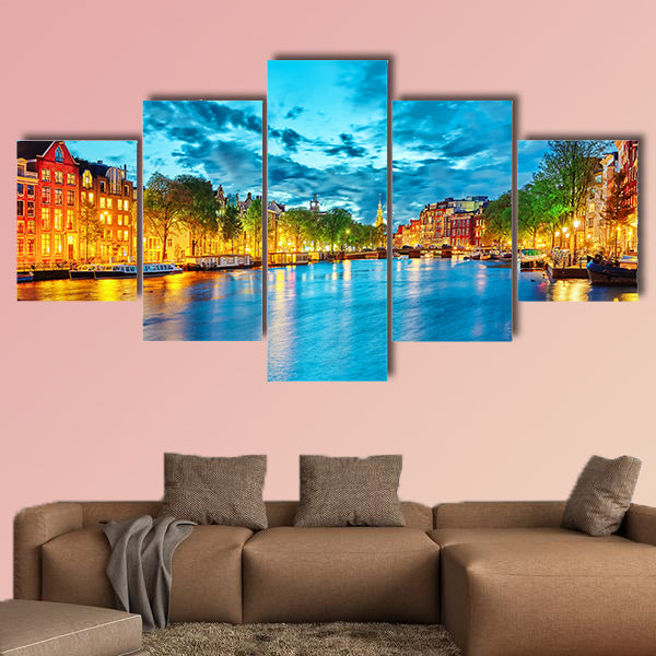Famous Amstel River and night view of beautiful Amsterdam city multi panel canvas wall art