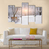 Snow-covered trees and benches  Multi panel canvas wall art