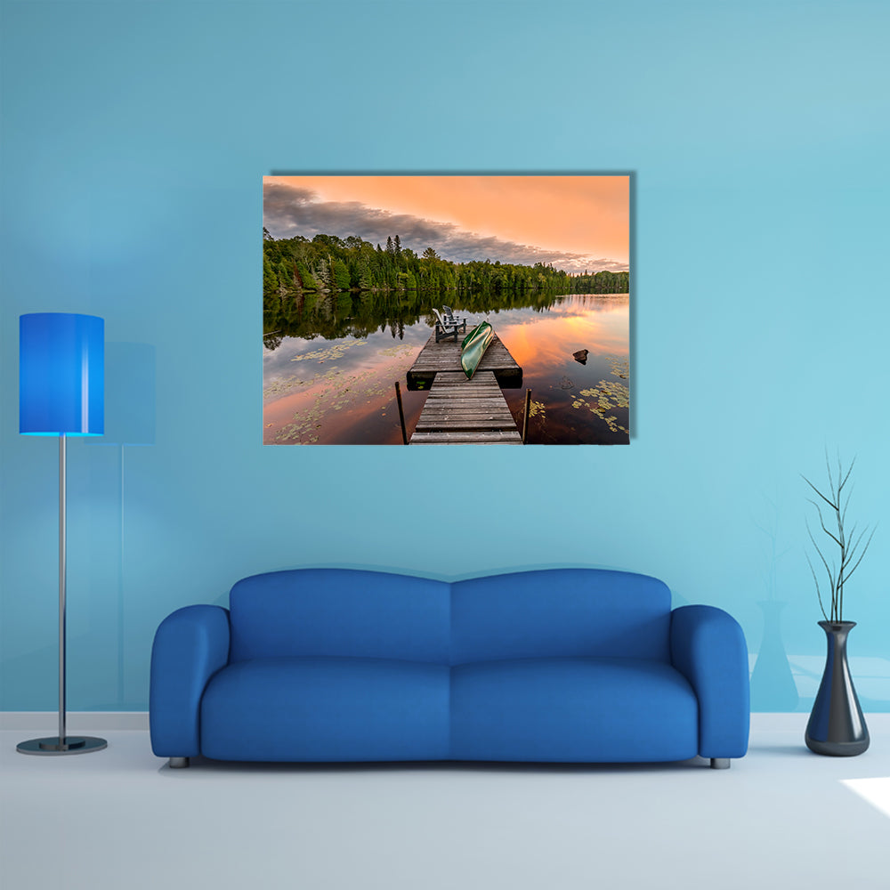 Green Canoe and Chairs on a Dock Next to a Lake at Sunset - Haliburton Highlands, Ontario, Canada multi panel canvas wall art