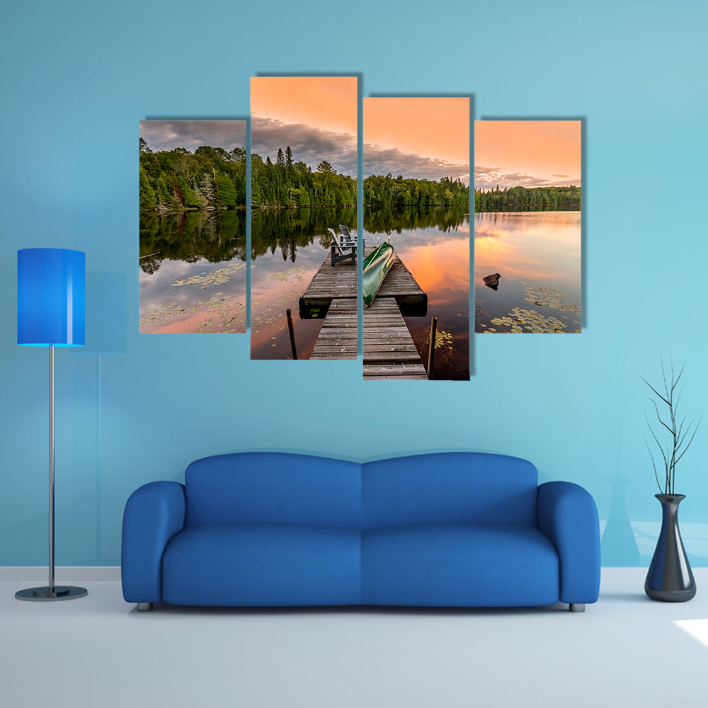 Green Canoe and Chairs on a Dock Next to a Lake at Sunset - Haliburton Highlands, Ontario, Canada multi panel canvas wall art