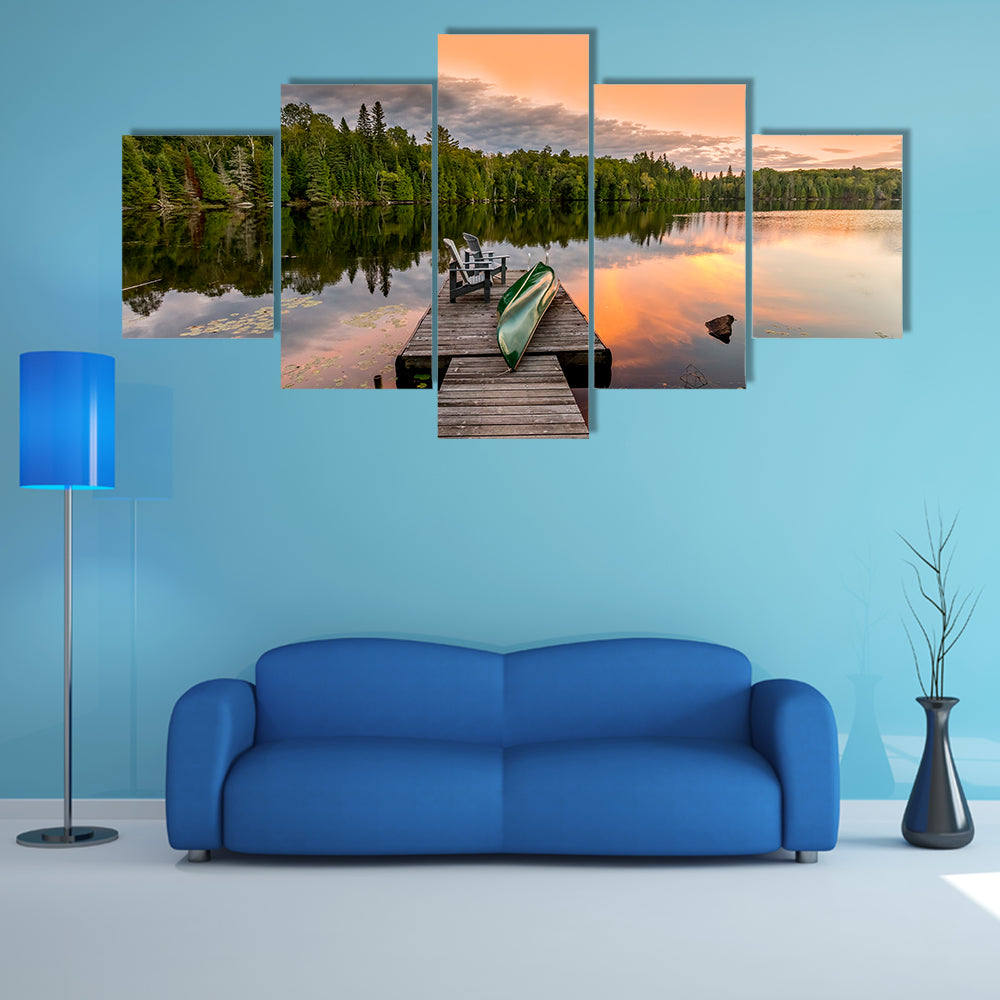 Green Canoe and Chairs on a Dock Next to a Lake at Sunset - Haliburton Highlands, Ontario, Canada multi panel canvas wall art
