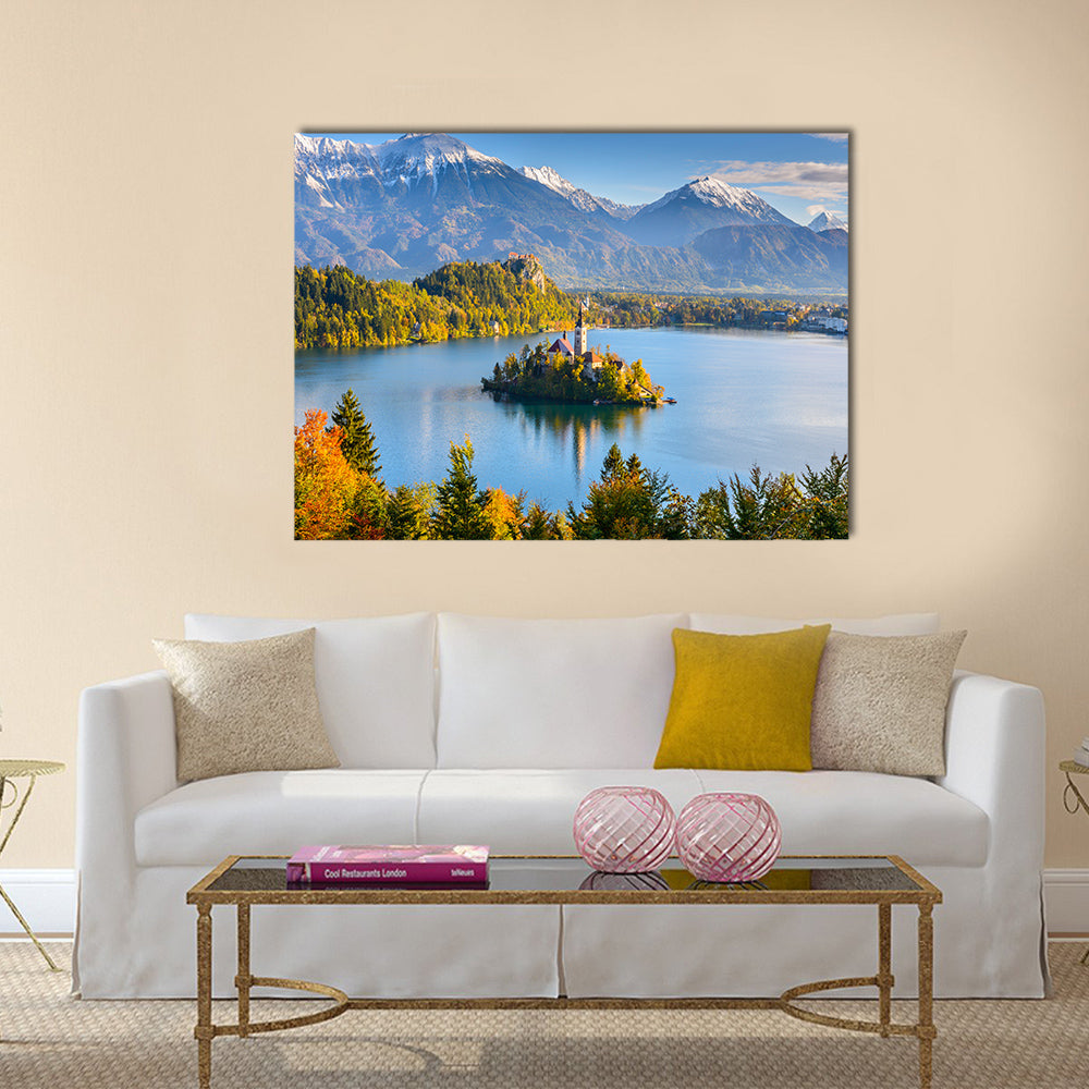 Panoramic view of Lake Bled, Slovenia multi panel canvas wall art