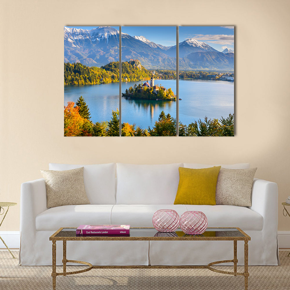 Panoramic view of Lake Bled, Slovenia multi panel canvas wall art