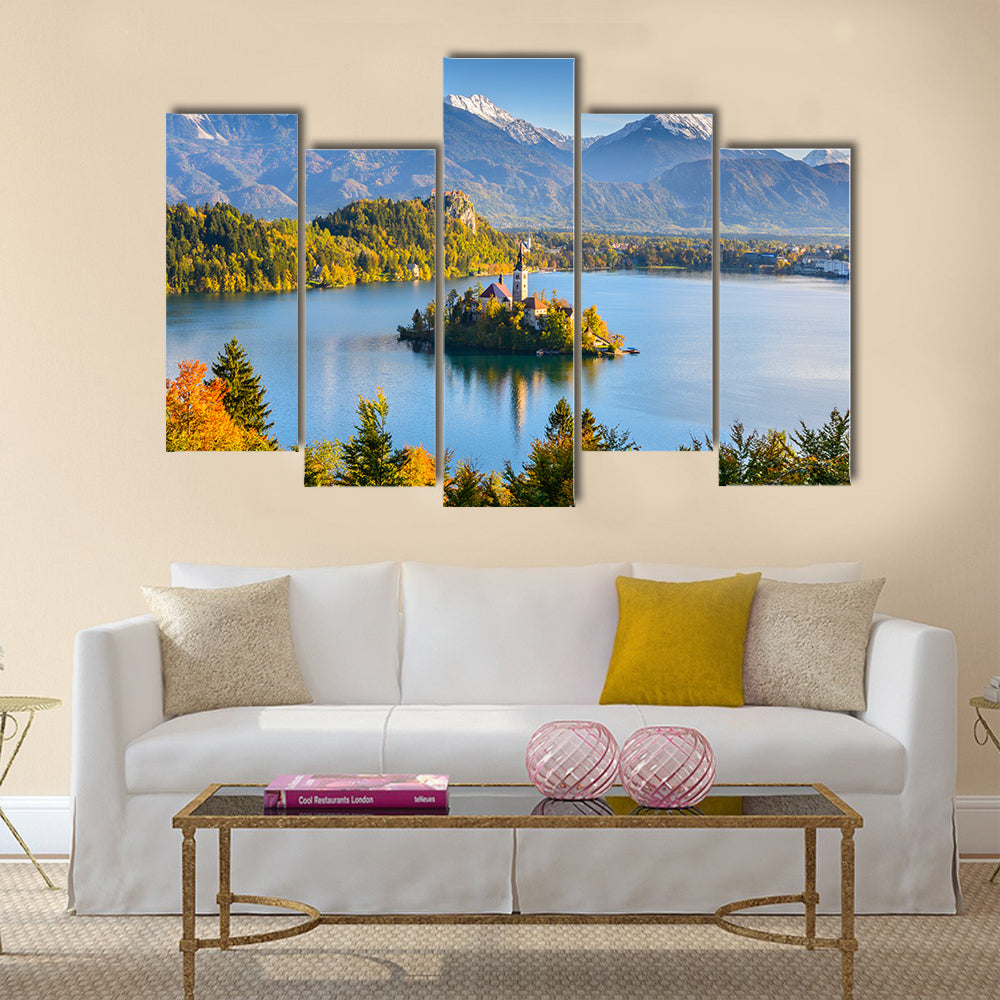 Panoramic view of Lake Bled, Slovenia multi panel canvas wall art
