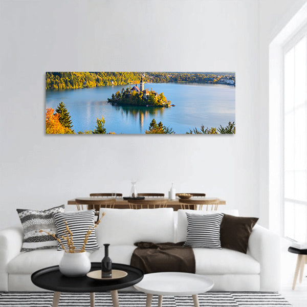 View of Lake Bled panoramic canvas wall art.