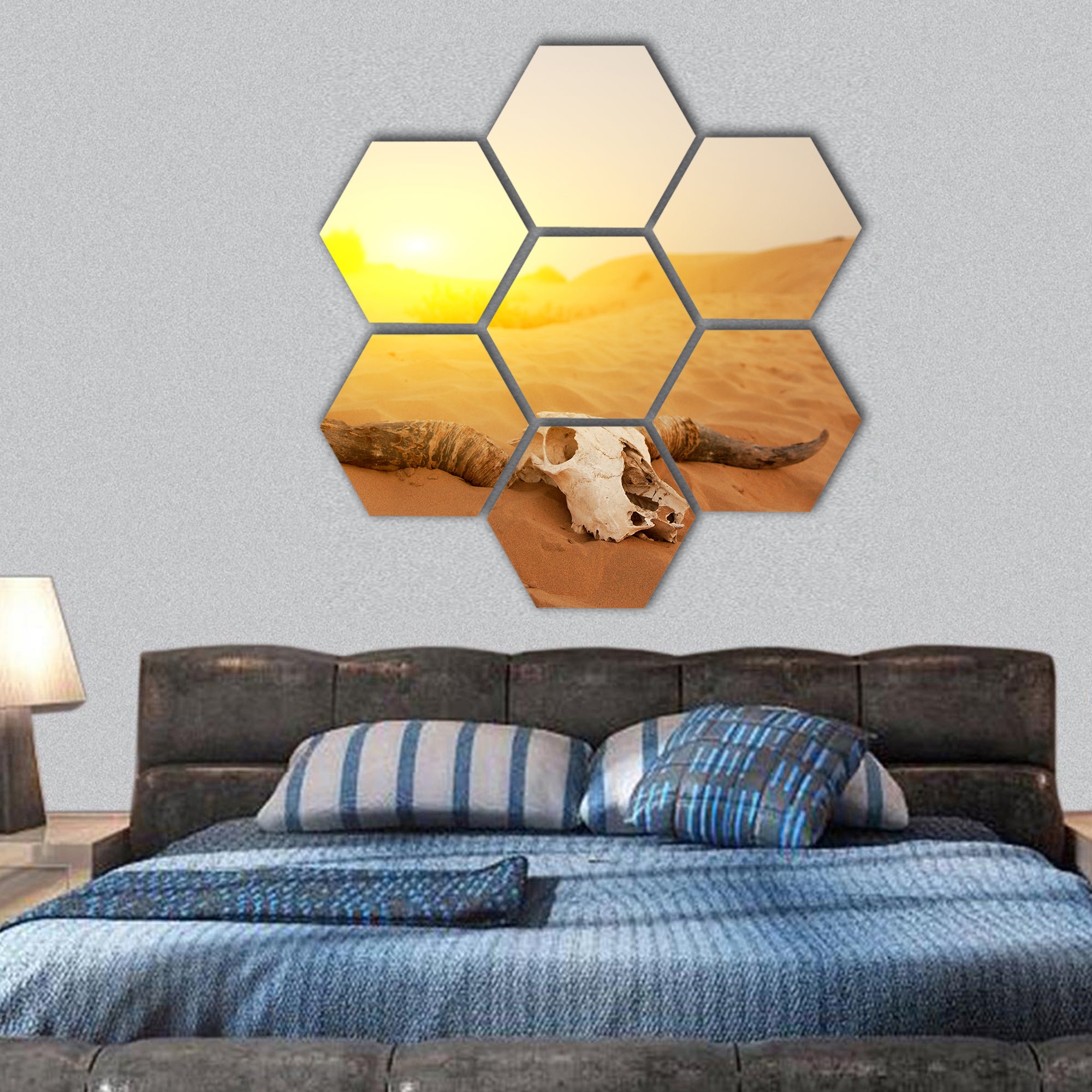 Animal skull in the desert hexagonal canvas wall art