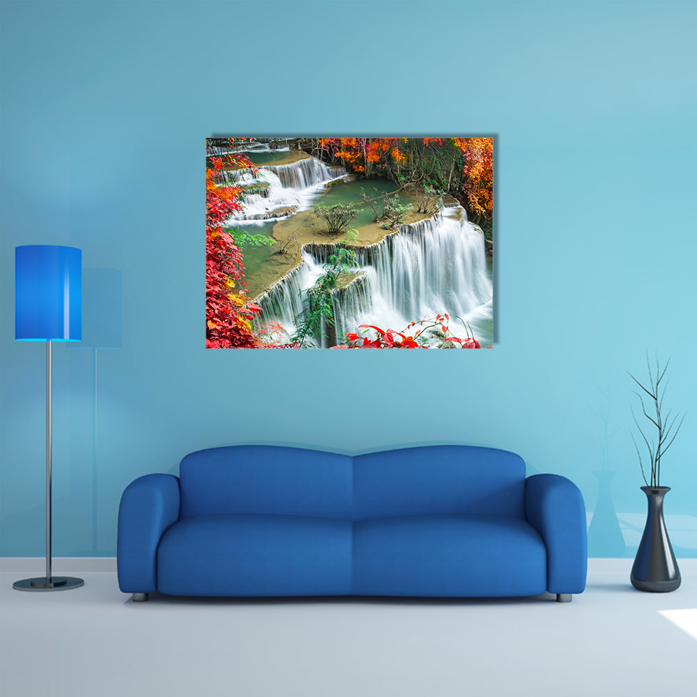 Beautiful waterfall in colorful autumn forest multi panel canvas wall art