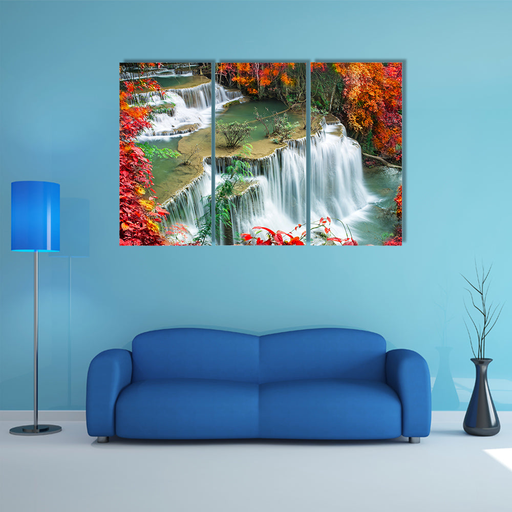 Beautiful waterfall in colorful autumn forest multi panel canvas wall art