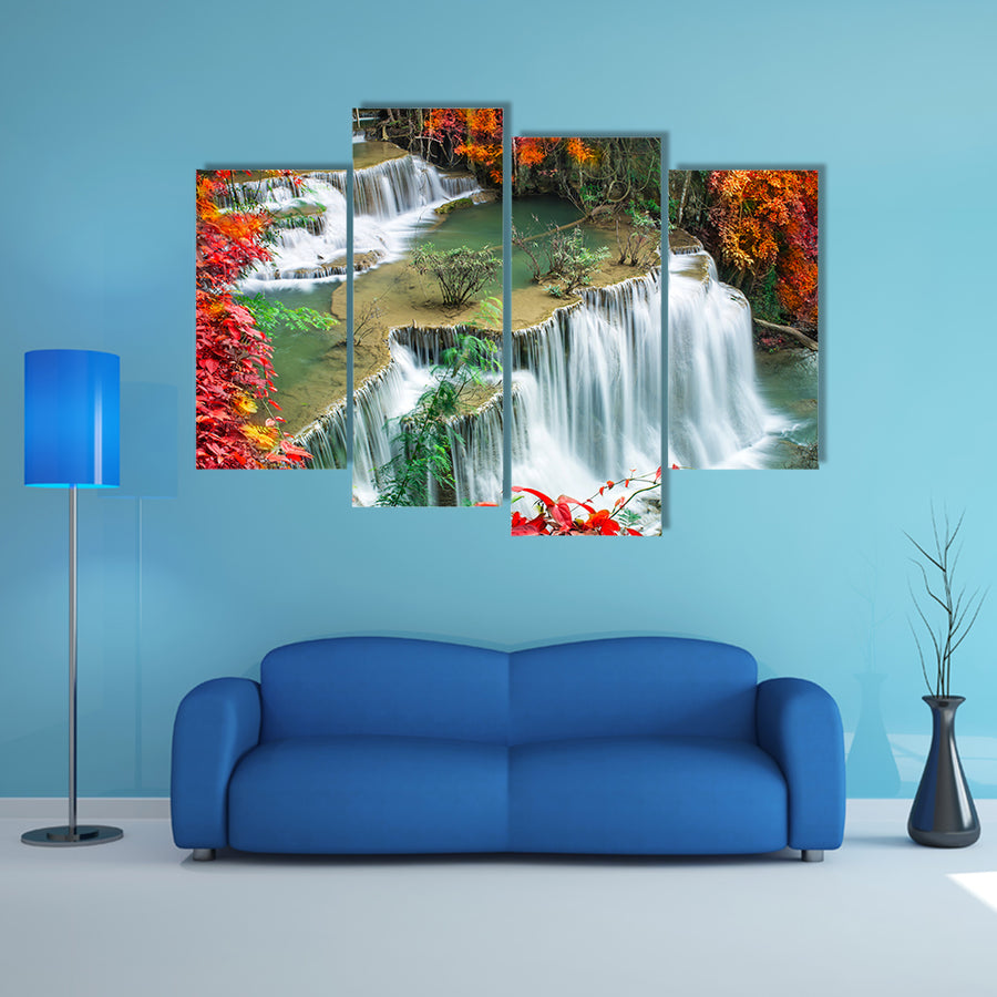 Beautiful waterfall in colorful autumn forest multi panel canvas wall art