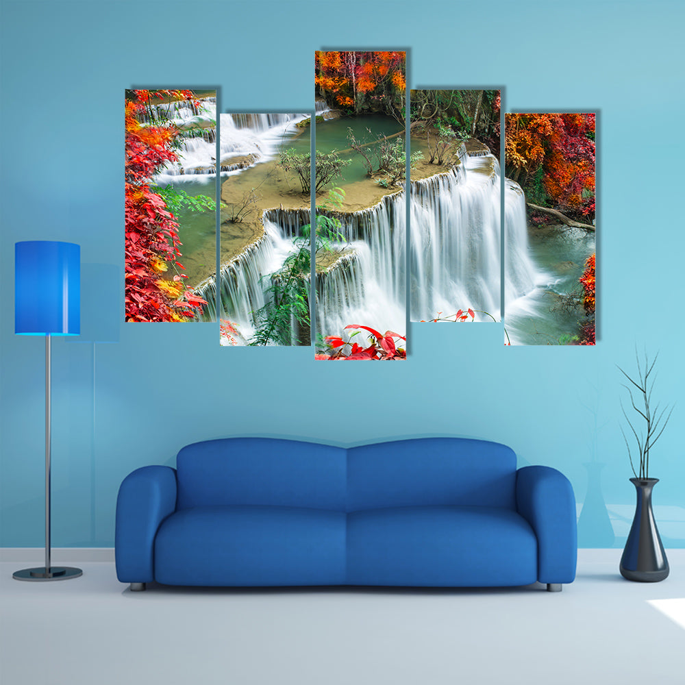 Beautiful waterfall in colorful autumn forest multi panel canvas wall art