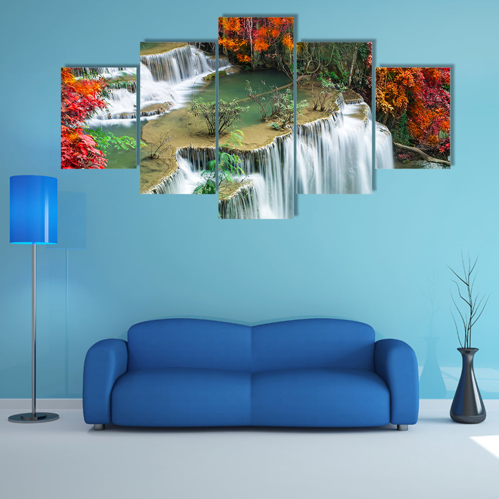 Beautiful waterfall in colorful autumn forest multi panel canvas wall art