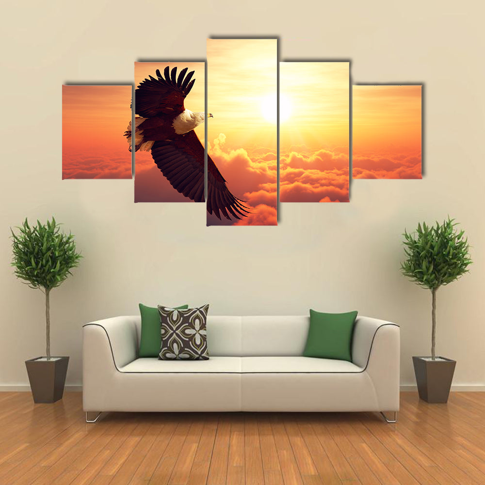 African Fish Eagle Flying High Above the Clouds with Sunrise Digital Artwork Multi Panel Canvas Wall Art