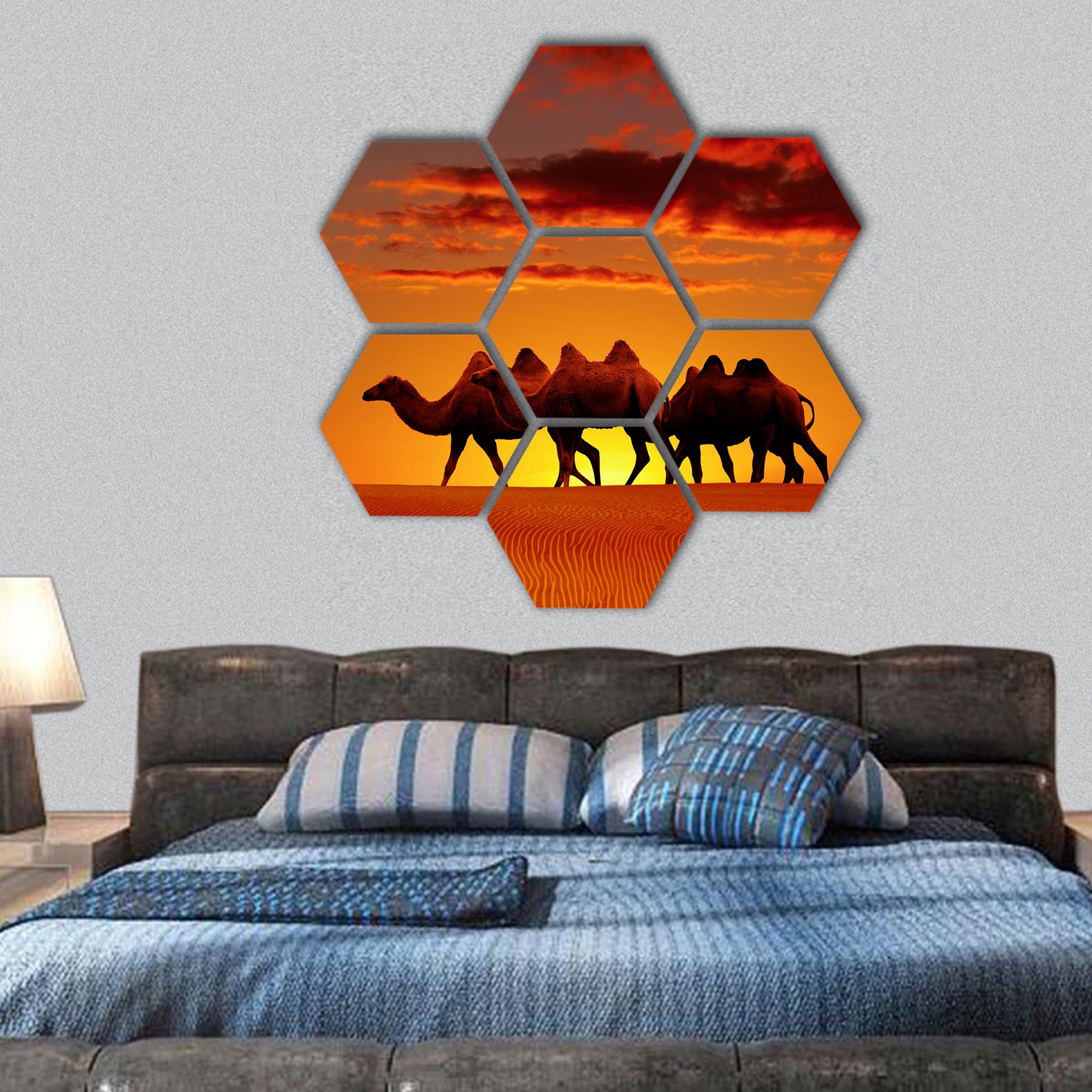 Desert landscape with walking camels at sunset hexagonal canvas wall art